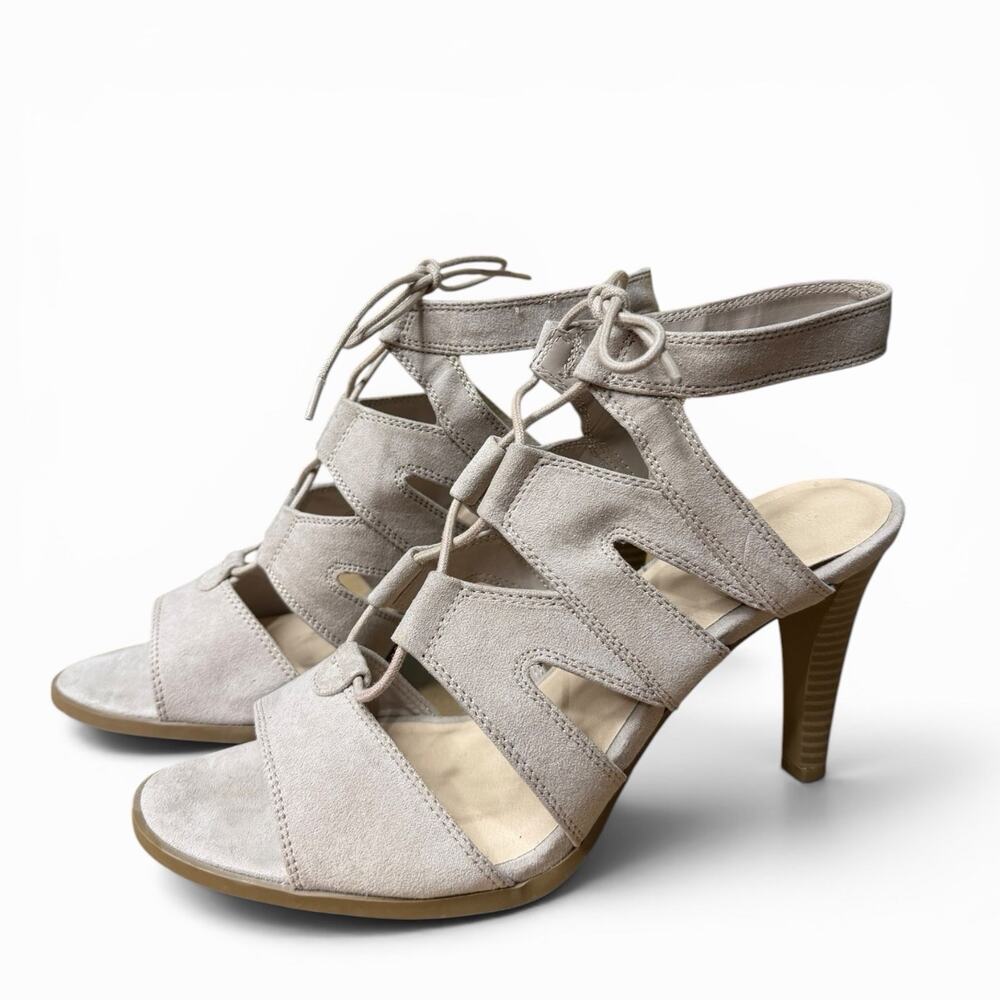 Vera Wang Sandal Heels Strappy Faux Suede Stiletto Taupe Formal Business Sz 10 - Picture 12 of 14